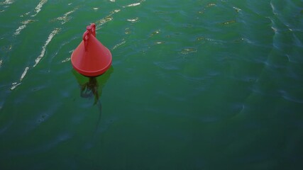 Red buoy floats on calm green water, signaling safety and maritime navigation in an outdoor aquatic environment during bright daylight.