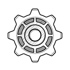 Black and white hand-drawn sketch illustration of a cogwheel representing industrial machinery, mechanics, settings, and efficient operational processes on a pristine white background.