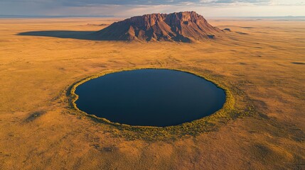 Desert crater lake, mountain backdrop