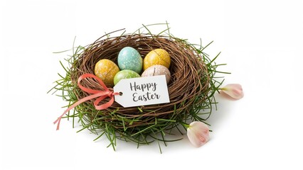 Obraz premium A nest with colorful Easter eggs and a 