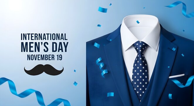 Elegant blue suit with tie and confetti, celebrating International Men's Day