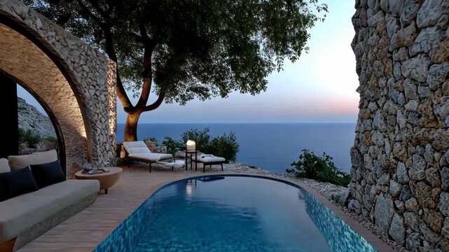 Enjoy a serene evening as the sun sets over the ocean, highlighting a peaceful poolside retreat surrounded by nature