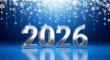 Shiny silver 2026 numbers on a blue snowy background