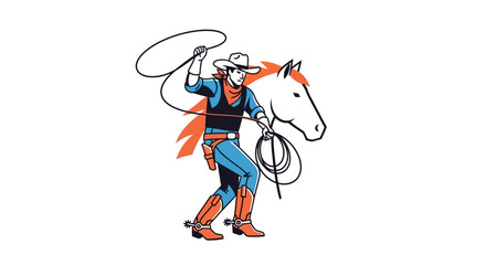 Cowboy Lassoing Horse Western Style Illustration.