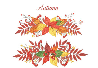 Watercolor autumn floral arrangement with red and yellow leaves and berries, isolated on transparent background