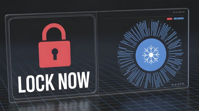 Digital Security Interface with a Glowing Red Padlock and 'Lock Now' Button Next to a Blue Freeze Icon, Representing Instant Asset Freezing and Financial Protection