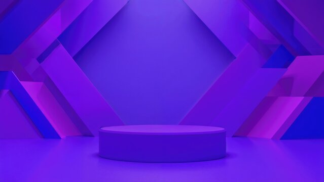 Colorful geometric stage with purple and blue tones, modern backdrop, abstract design, performance or presentation space.