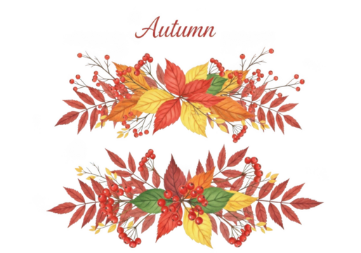 Watercolor autumn floral arrangement with red and yellow leaves and berries, isolated on transparent background