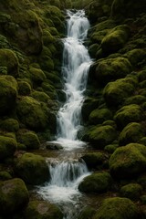 Fototapeta premium Cascading waterfall over moss-covered rocks; nature's serene water feature.