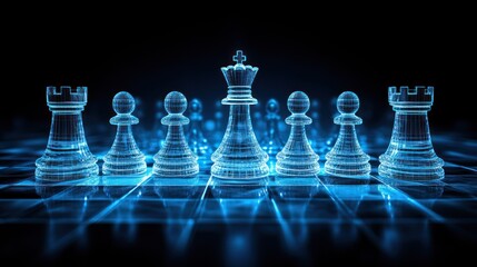 Digital chess pieces, glowing, strategic