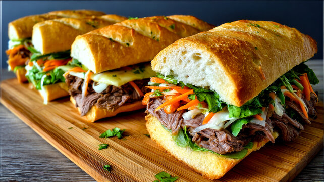 A row of vietnamese banh mi sandwiches with shredded beef, pickled carrots, and cilantro on a bamboo cutting board.