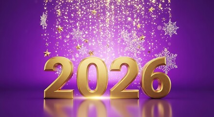 Golden 2026 numbers illuminated with falling glitter and snowflakes on purple background