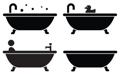 Bathtub Vector Icon Set – Bathroom, Shower, and Hygiene Symbol Collection in Flat, Outline, 
and Silhouette Style