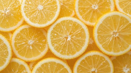 Obraz premium Slices of lemon arranged closely together with vibrant yellow color. Fresh fruit and citrus theme. Food and beverage. The concept of freshness and citrus fruits.
