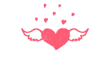 Pink Crayon Winged Heart: Hand-Drawn Flying Love Symbol Design Element