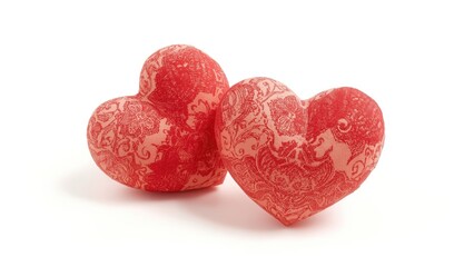 Fototapeta premium Two red heart-shaped objects with intricate patterns on a white background.