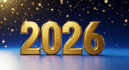 Golden 3d numbers 2026 with sparkling lights on a dark blue background