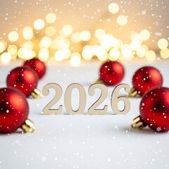 New year 2026 celebration with red ornaments and bokeh lights