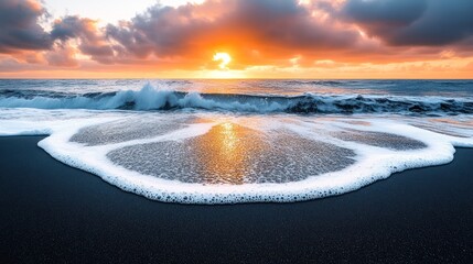 Dramatic sunset over a dark beach