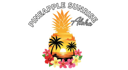 Tropical Pineapple Sunrise Aloha Design with Flowers and Palm Trees.