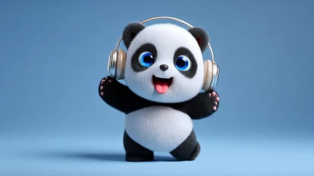 Cute cartoon panda wearing headphones, happily sticking its tongue out against a blue background