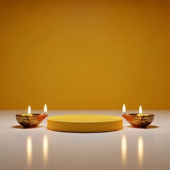 Diwali celebration with lit diyas and a golden podium against a yellow background
