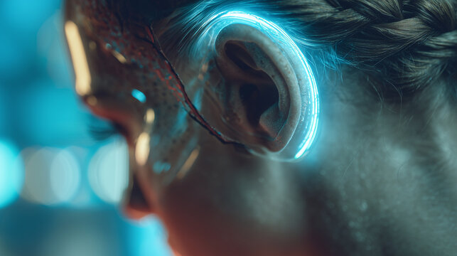 Human wearing subtle neural tech interface in futuristic city, symbolizing connection. Profile of person wearing translucent neural interface behind ear, soft neon rim light.
