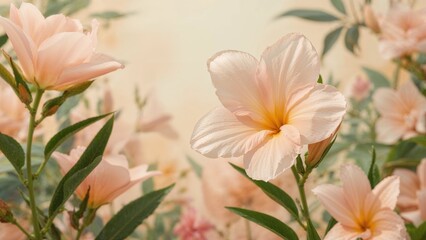Fototapeta premium Soft pink flowers with green leaves, creating a delicate and serene floral scene.