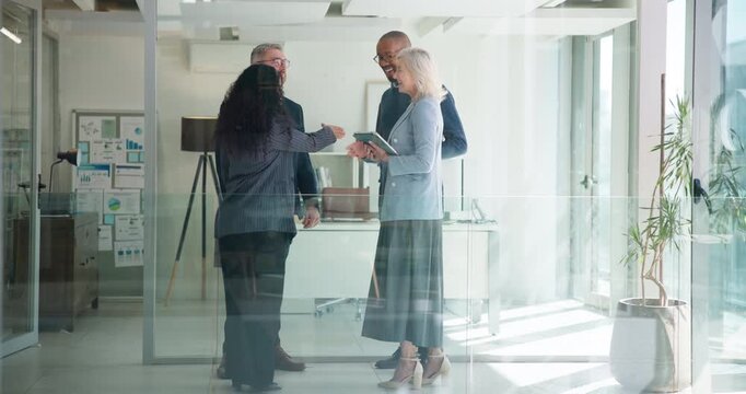Business, people and meeting with handshake in office for welcome, introduction and recruitment. Employees, interview and shaking hands for agreement, thank you and congratulations for b2b onboarding