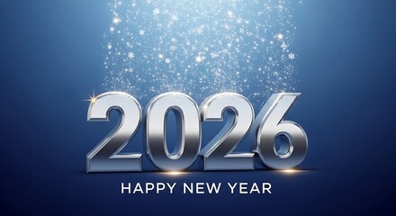 Shiny silver 2026 numbers with sparkling confetti on blue background