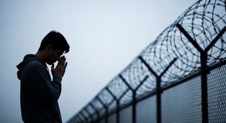 Young man in silhouette praying or contemplating deeply near a barbed wire fence under a somber sky