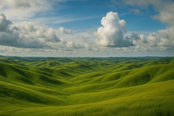 Obraz premium Rolling green hills under a vibrant blue sky dotted with fluffy white clouds.