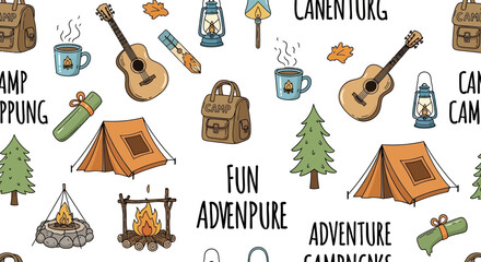 Camping adventure seamless pattern with tents guitars and campfires.