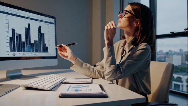 woman analyzing financial charts on monitor at high-rise office desk, spreadsheets and reports on table, pen in hand, focused decision-making with skyline view, analytical evening mood