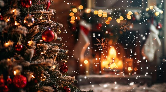 Cozy Christmas Eve scene with twinkling lights on a decorated tree and a warm fireplace crackling invitingly with falling snow outside