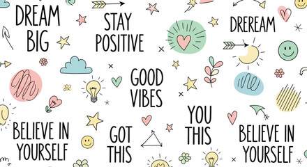 Motivational Doodle Art with Positive Affirmations and Whimsical Drawings.