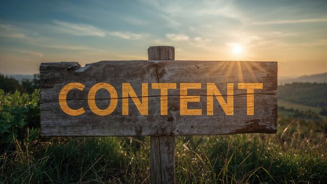 A rustic wooden sign with the word CONTENT in bold, positioned in a natural landscape at sunset.