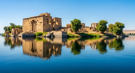 Obraz premium Ancient Egyptian temple complex reflects majestically on tranquil Nile River waters under a clear blue sky