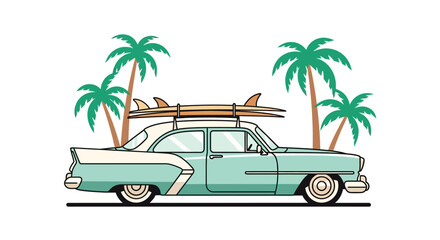 Vintage Car with Surfboards and Palm Trees Illustration.