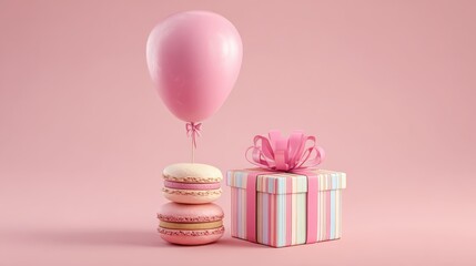 a pink balloon and macaron tower alongside a gift box