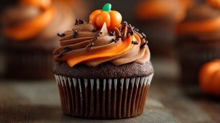 closeup of a festive chocolate halloween cupcake with swirled orange and brown frosting and a candy pumpkin topper