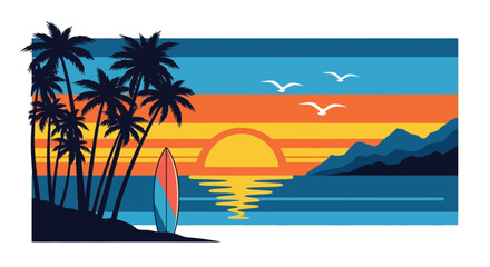 Tropical Sunset Beach Palm Trees and Surfboard.