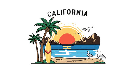 California Sunset Beach Scene with Palm Trees and Surfboard.