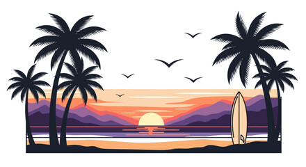Tropical Sunset Beach Scene with Palm Trees and Surfboard.