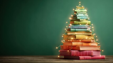 colorful books creatively stacked to form a christmas tree adorned with lights set against a green backdrop