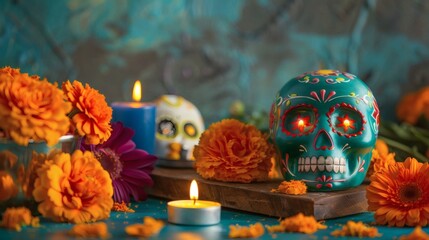 Vibrant Day of the Dead altar with ornate sugar skulls, marigolds, and glowing candles creating a festive, spiritual atmosphere for remembrance