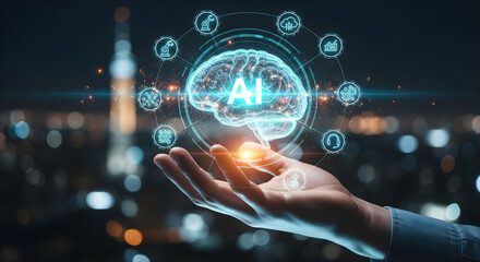 Artificial intelligence concept hand holding digital brain with ai text and icon around it technology innovation network machine learning automation robotic future concept