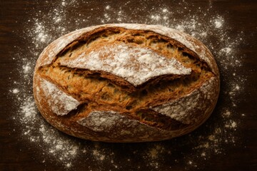 Freshly baked sourdough loaf with flour dust, resting on a rustic wood table.