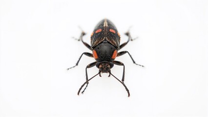 Close-up of a black and orange insect, possibly a beetle, with detailed features on a white background.