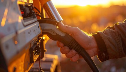 Hand connecting an electric vehicle charging cable to a car during a warm sunset, symbolizing sustainable transportation and renewable energy adoption.